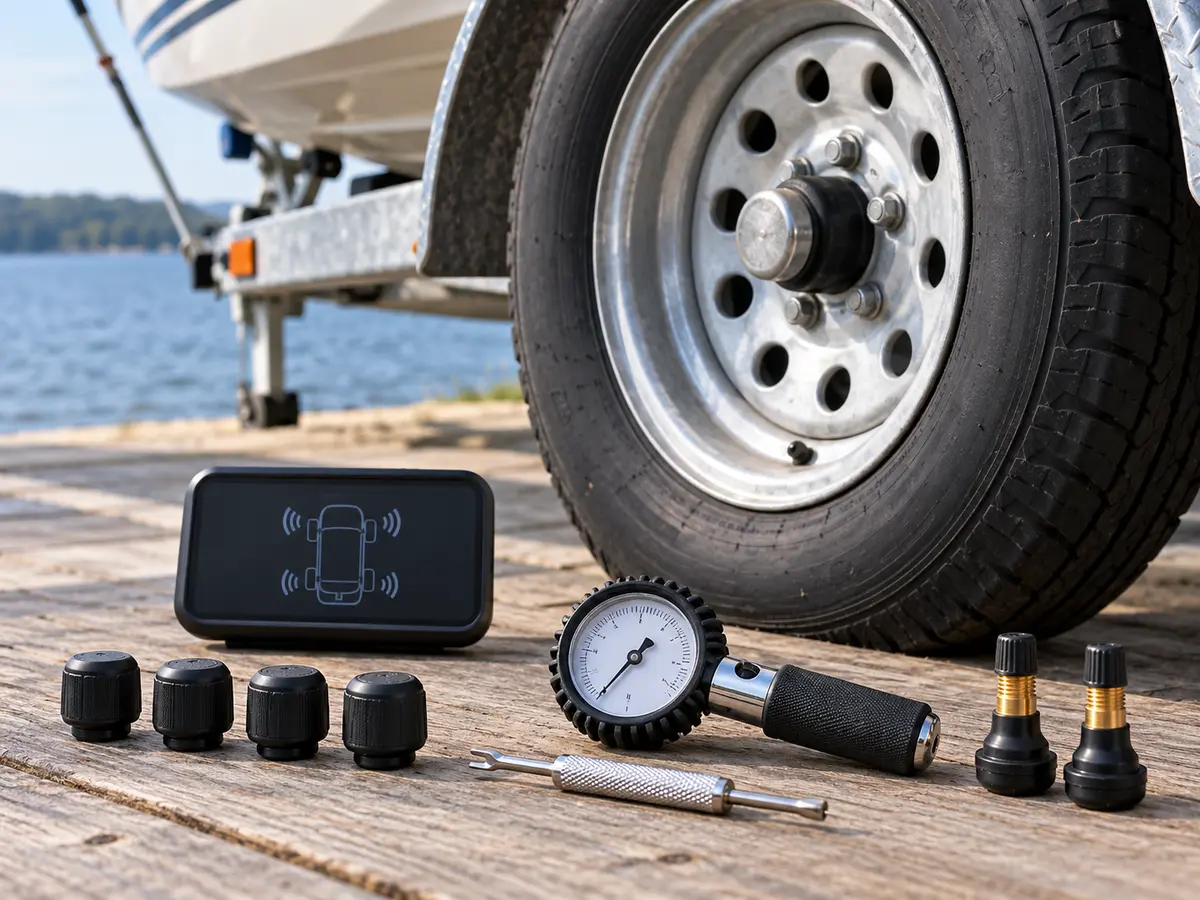 Conceptual unbranded trailer TPMS sensor caps, receiver, gauge and valve stems beside a boat-trailer wheel