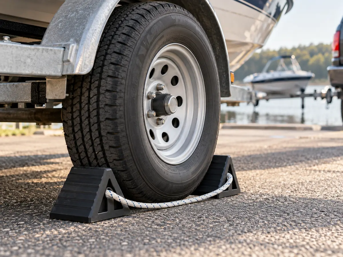 Conceptual unbranded boat-trailer tire held between two black wheel chocks on dry pavement