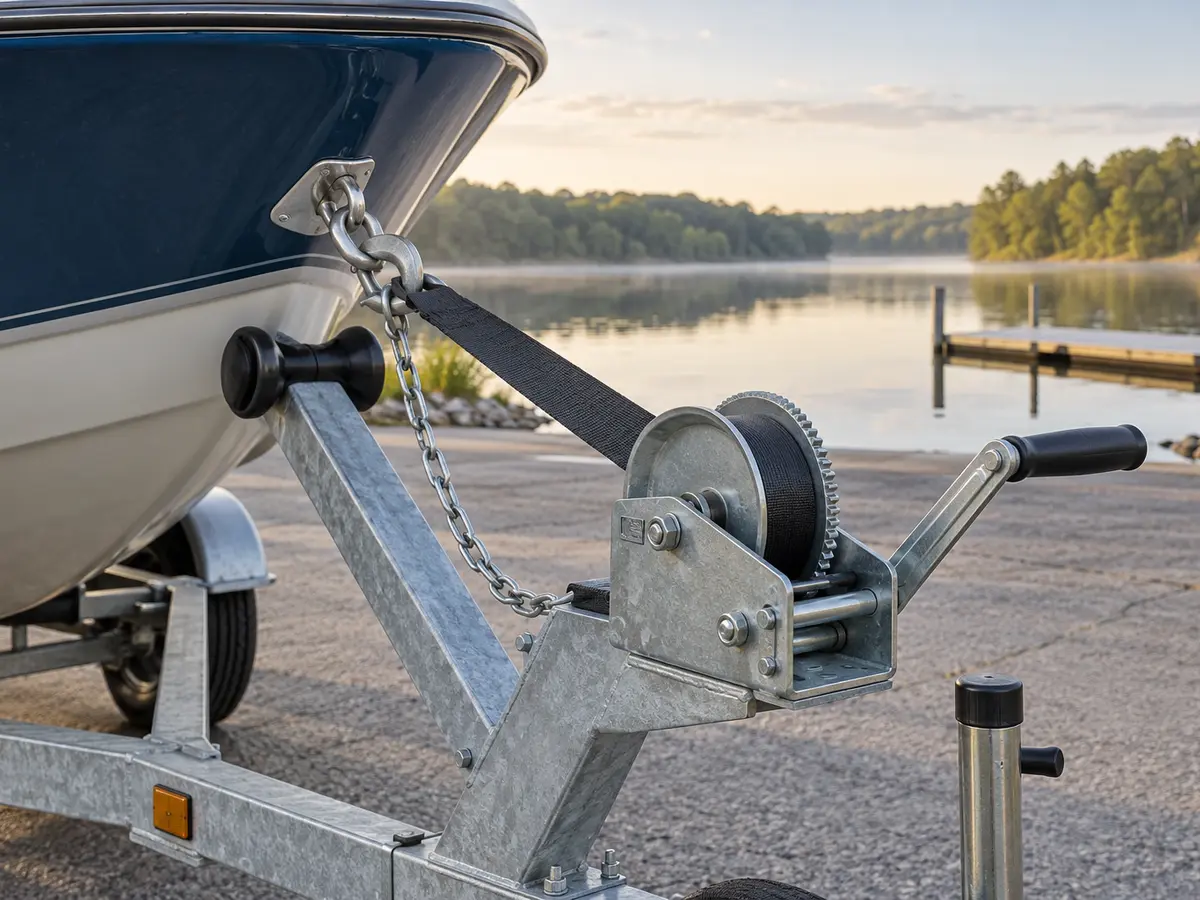 Unbranded manual boat-trailer winch with webbing strap and separate bow safety chain