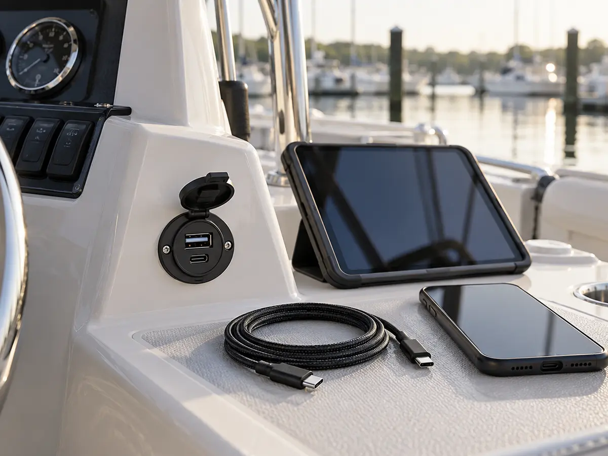Illustrative unbranded USB-A and USB-C panel charger with cable, phone and tablet at a boat helm