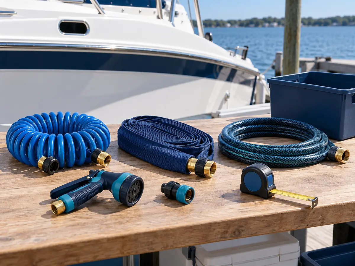 Conceptual unbranded coiled, flat and reinforced rinse hoses with nozzle and connector beside a generic boat