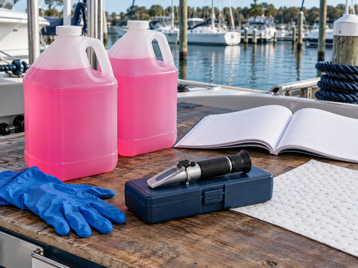 Unbranded pink marine and RV antifreeze jugs beside gloves, absorbent pads, a blank label card and a propylene-glycol refractometer