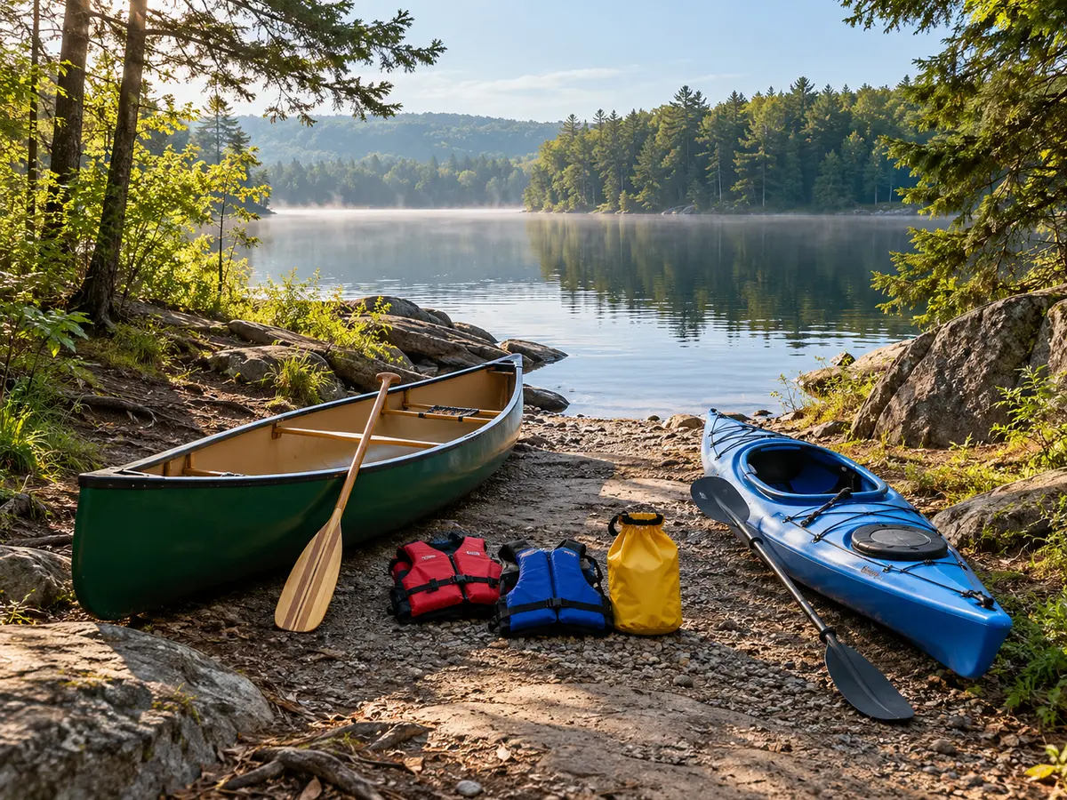 Conceptual canoe, kayak, paddles, plain life jackets and dry bag at a generic forest-lake carry-in shore