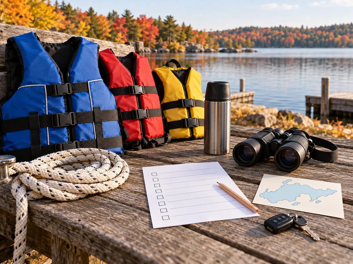 Conceptual Brant Lake planning kit with life jackets, dock line, binoculars and a blank proof-loop checklist
