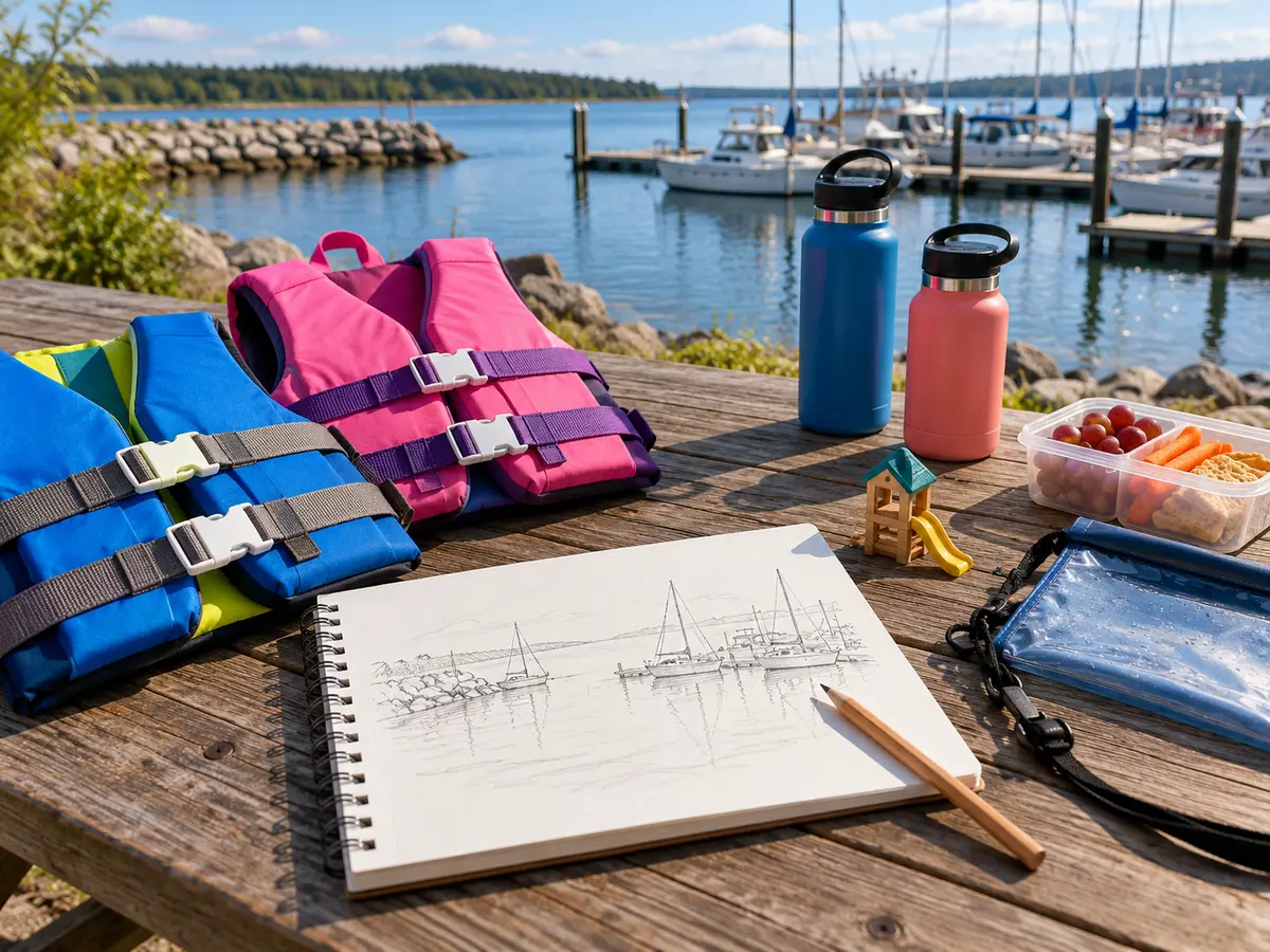 Conceptual life jackets, water, food and a blank harbor sketch on a picnic table beside a generic marina