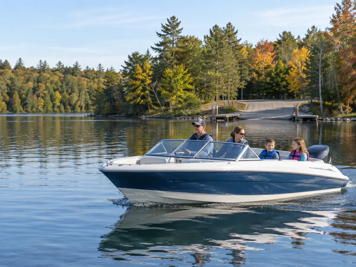 Illustrative life-jacketed family seated in a runabout near a forested inland-lake launch