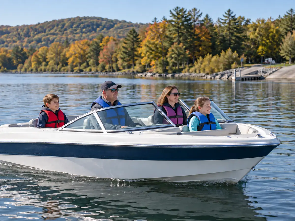 Illustrative life-jacketed family seated in a generic runabout near a two-lane inland-lake launch