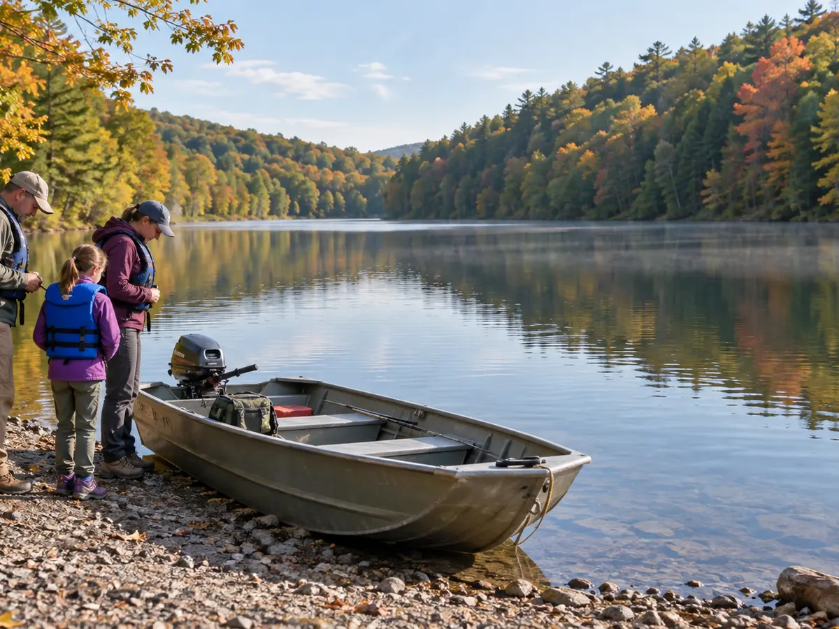 Conceptual family beside a small aluminum boat on a forested lake shore