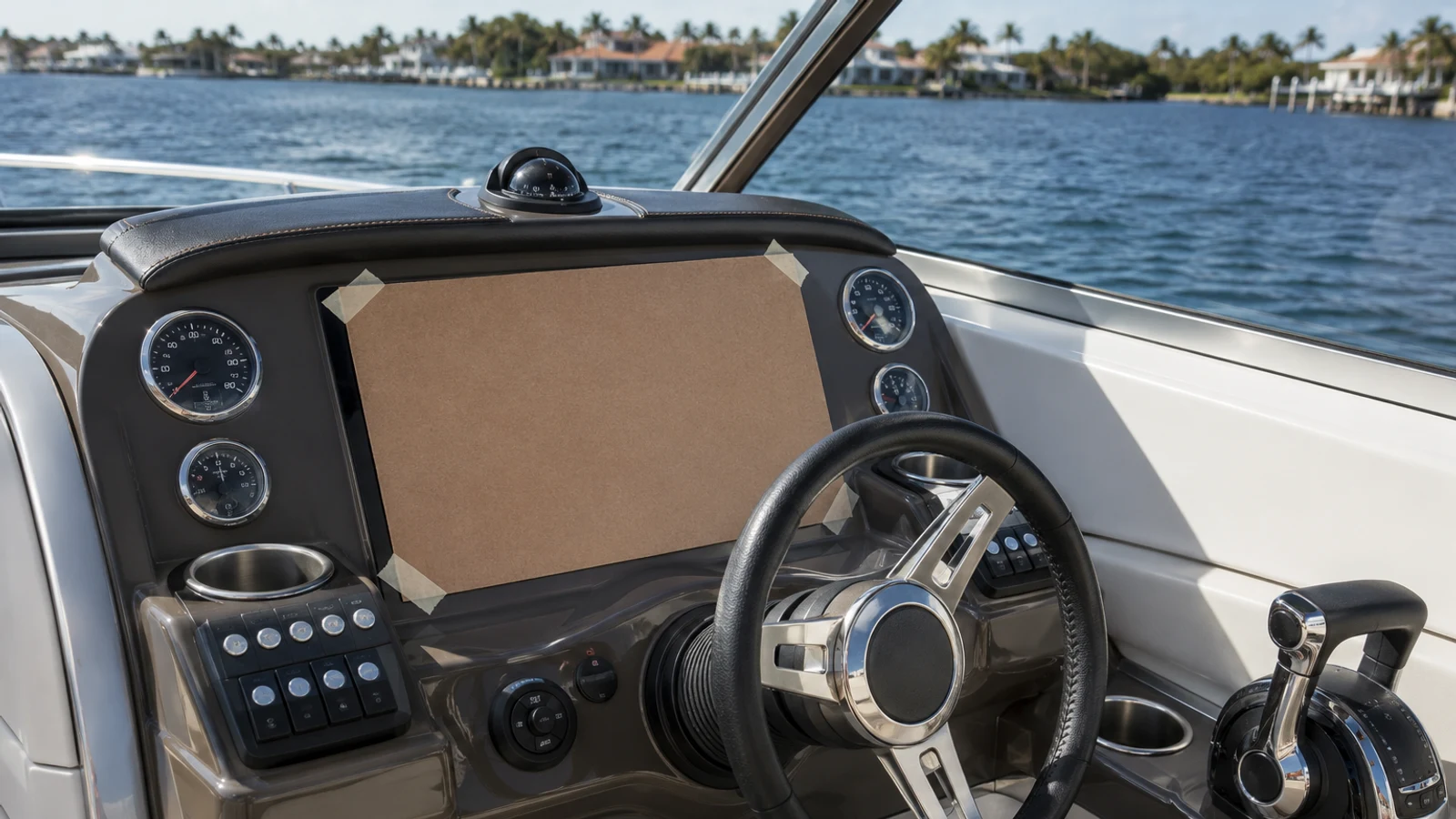 Plain cardboard chartplotter-size mock-up taped into a recreational powerboat helm