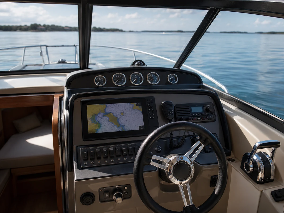 Clean recreational powerboat helm with an unbranded chartplotter and VHF radio