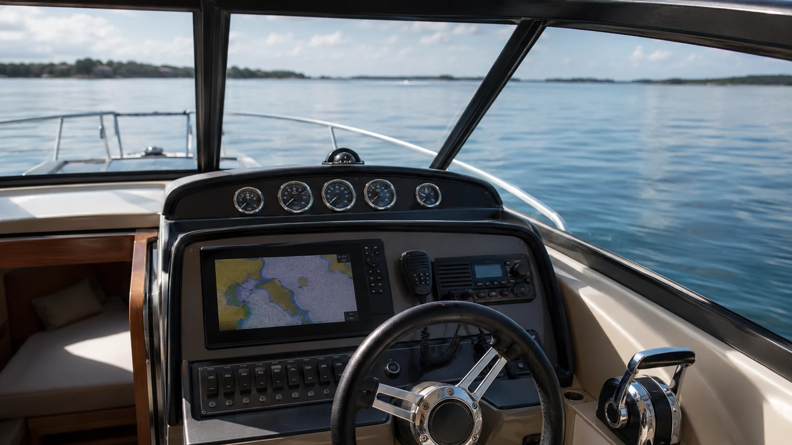 Clean recreational powerboat helm with an unbranded chartplotter and VHF radio