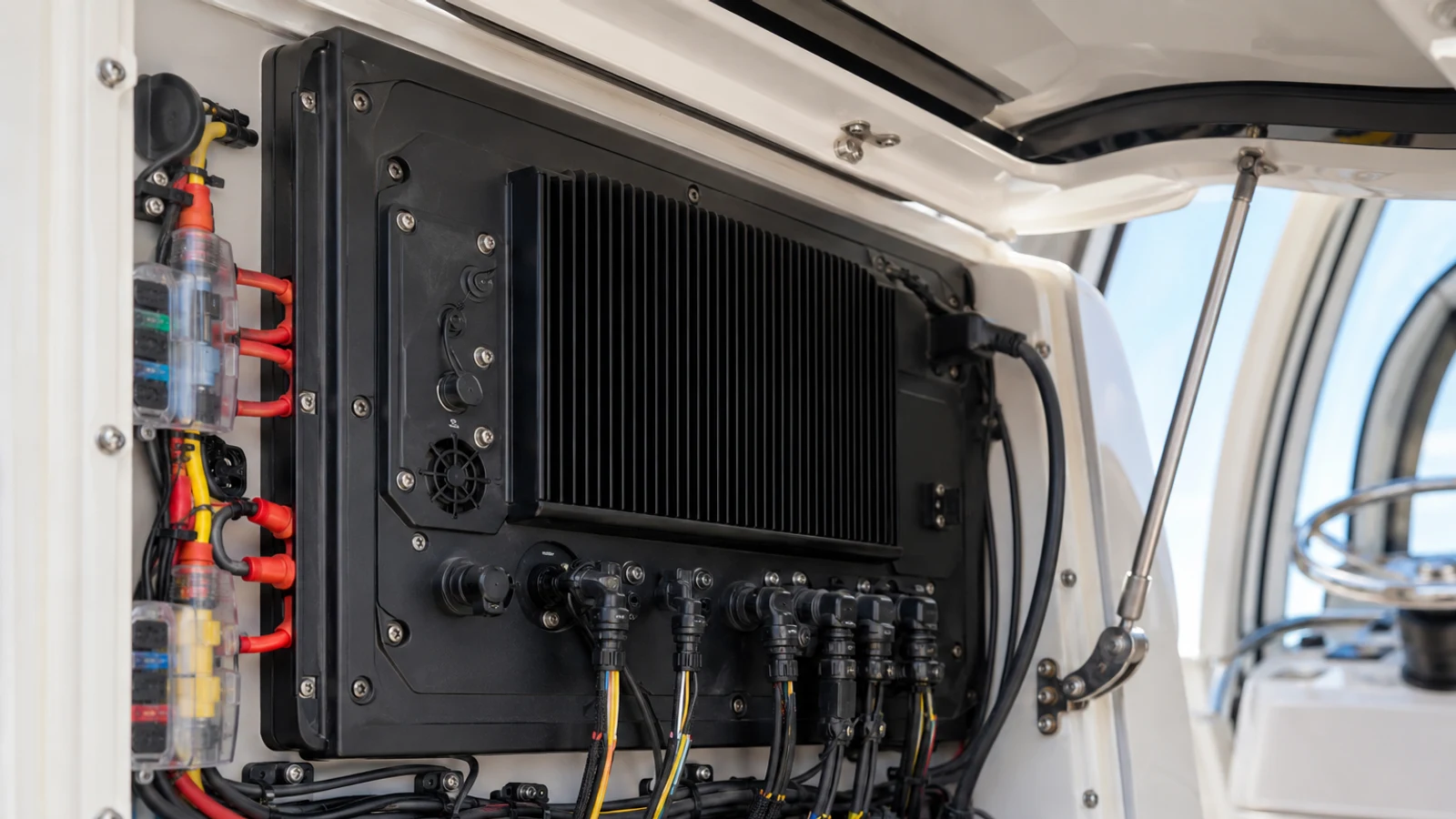 Accessible service side of an unbranded marine display with organized fused wiring and sealed connectors