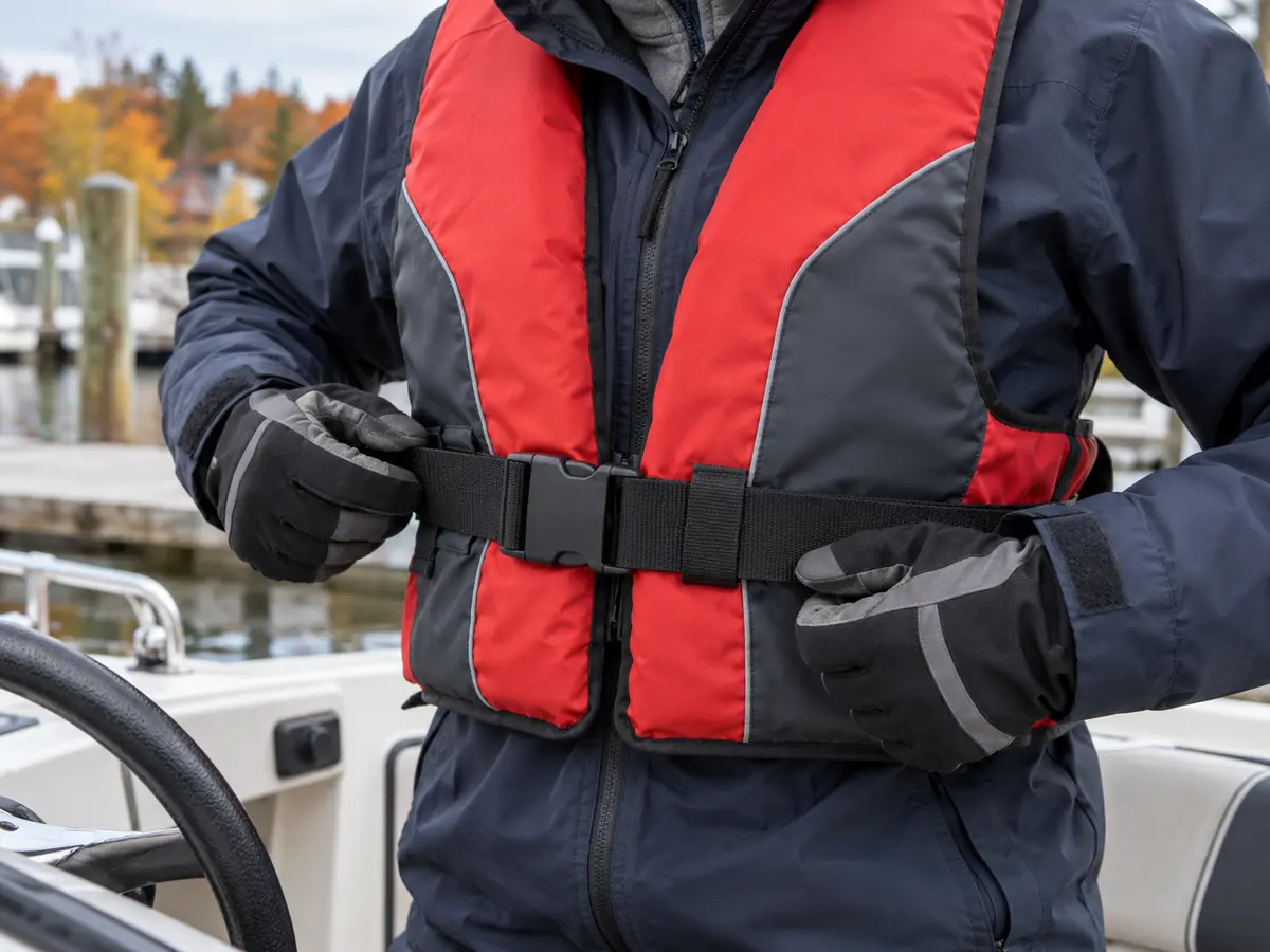 Gloved adult checking an unbranded foam life-jacket strap over cold-weather boat clothing