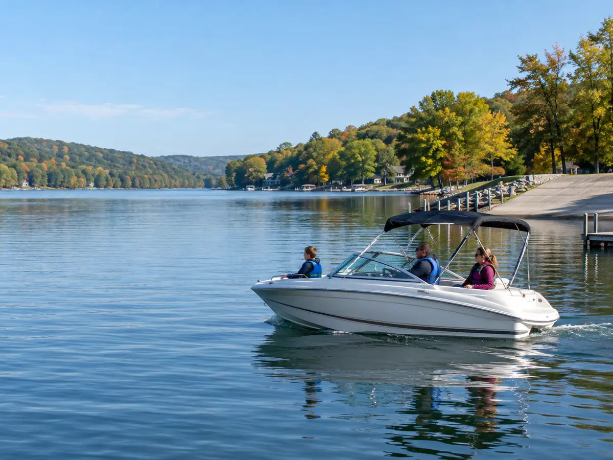 Conceptual life-jacketed family moving slowly on a narrow Western New York lake