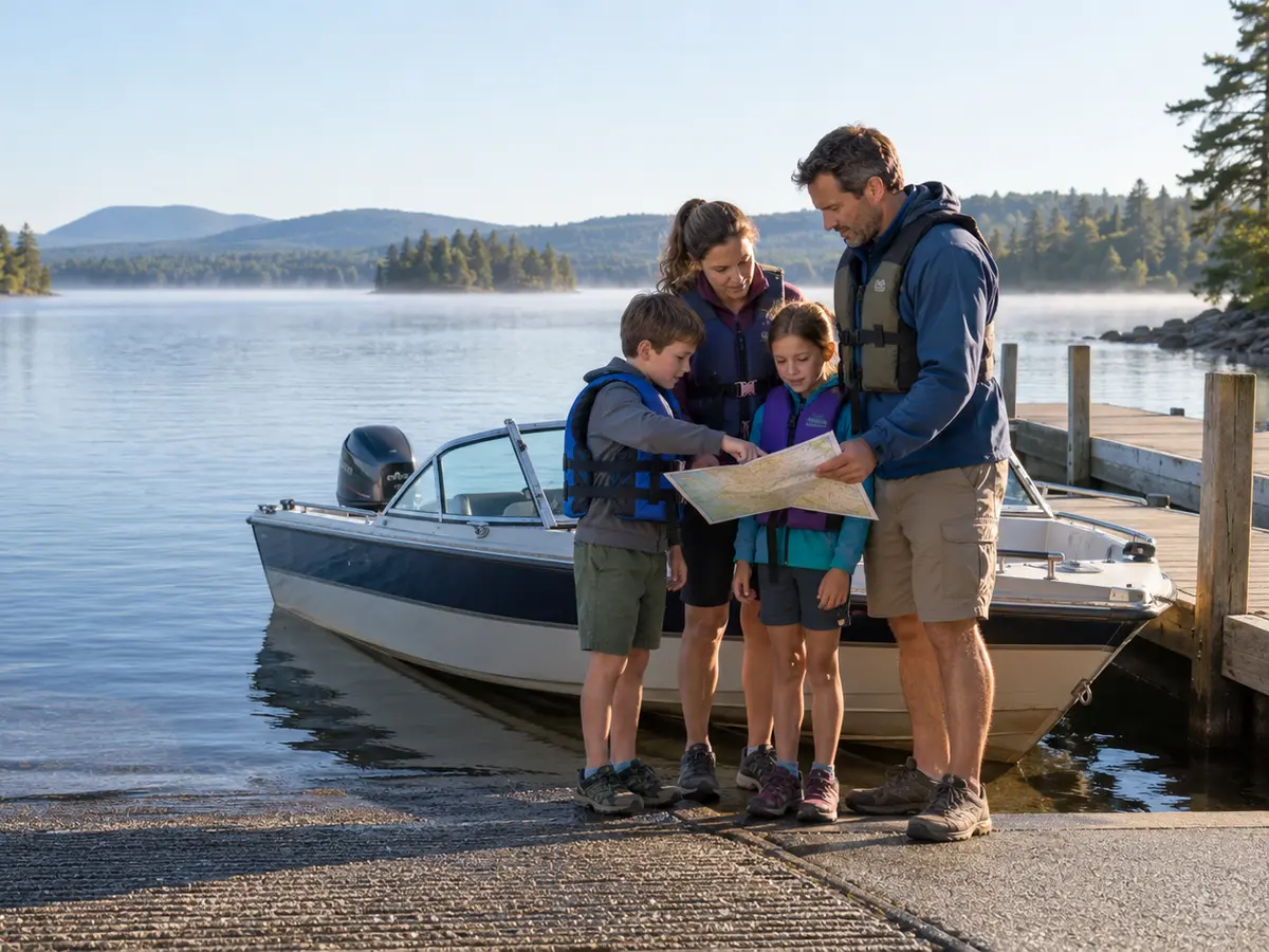 Family in fitted life jackets reviewing a chart beside a runabout at a generic wooded Adirondack lake launch
