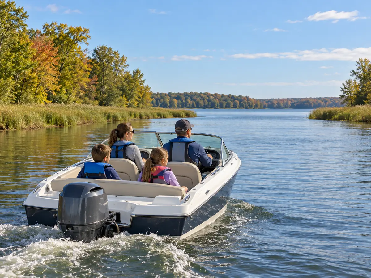 Illustrative life-jacketed family on a generic lowland Central New York river-to-lake route