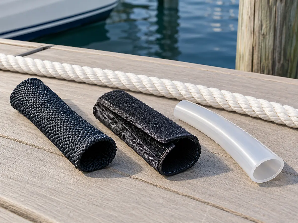 Three unbranded dock-line chafe-protection categories: tubular sleeve, wraparound guard and smooth flexible tube