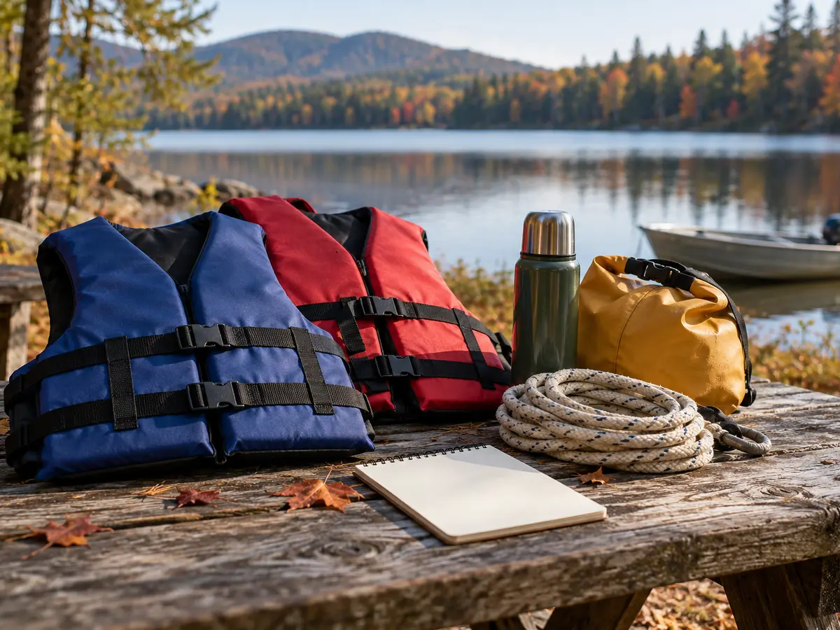 Conceptual life jackets and planning gear beside generic Adirondack water
