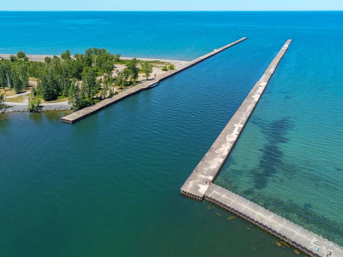 Aerial view of Little Sodus Harbor and the west pier at Fair Haven, New York