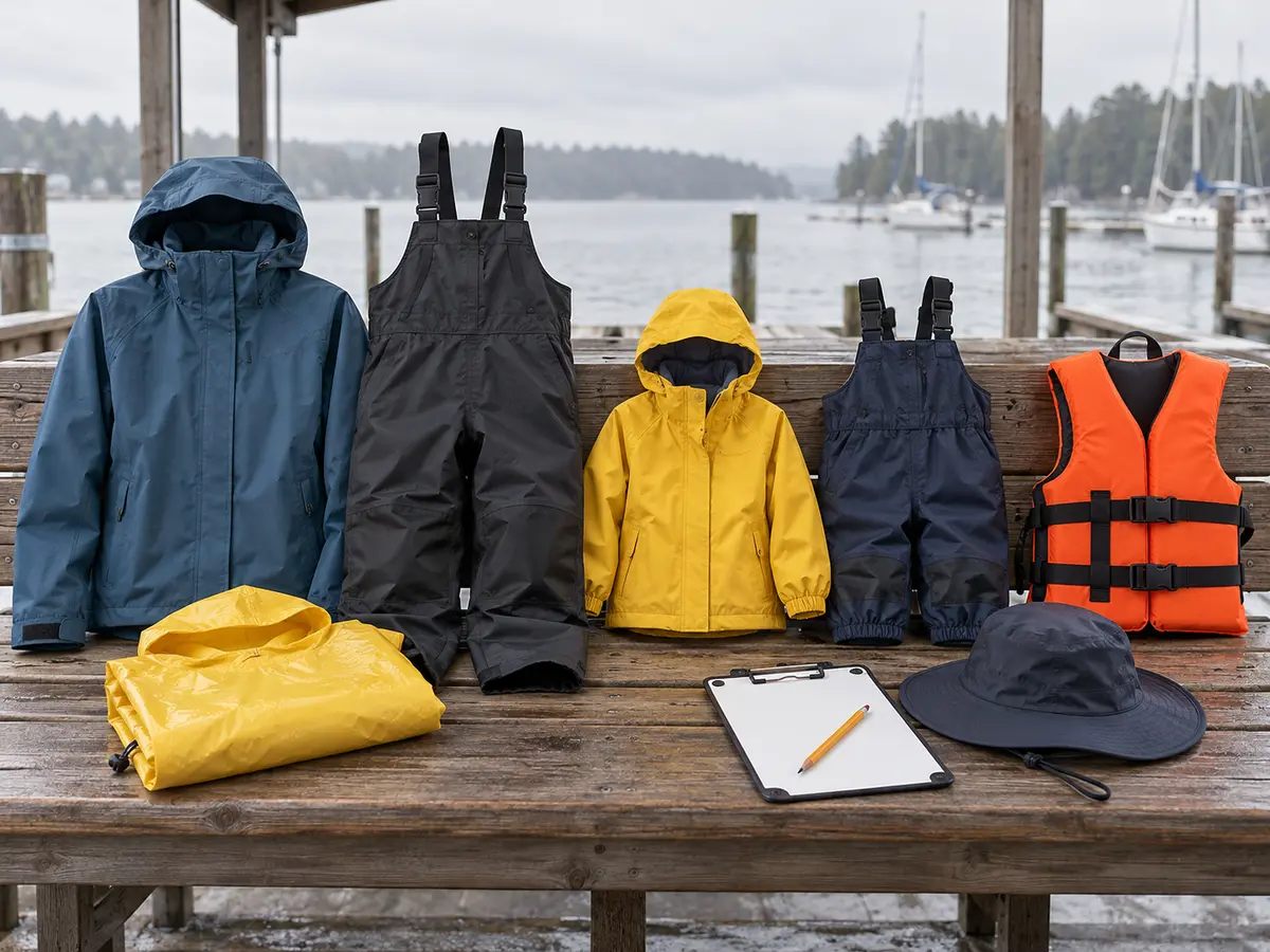 Conceptual unbranded family rain shells, bibs, folded poncho, life jacket and blank fit card on a dry marina bench