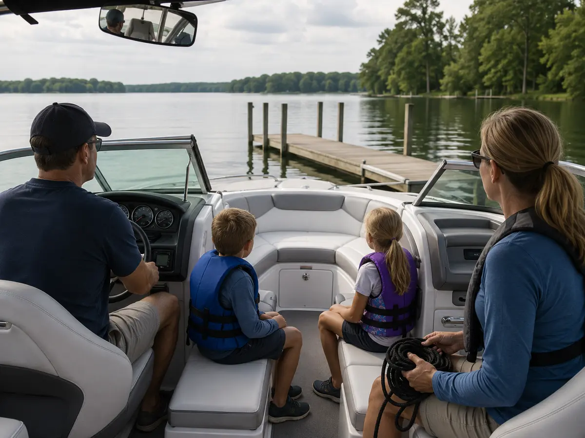 Family wearing life jackets seated inside a powerboat during a slow dock approach