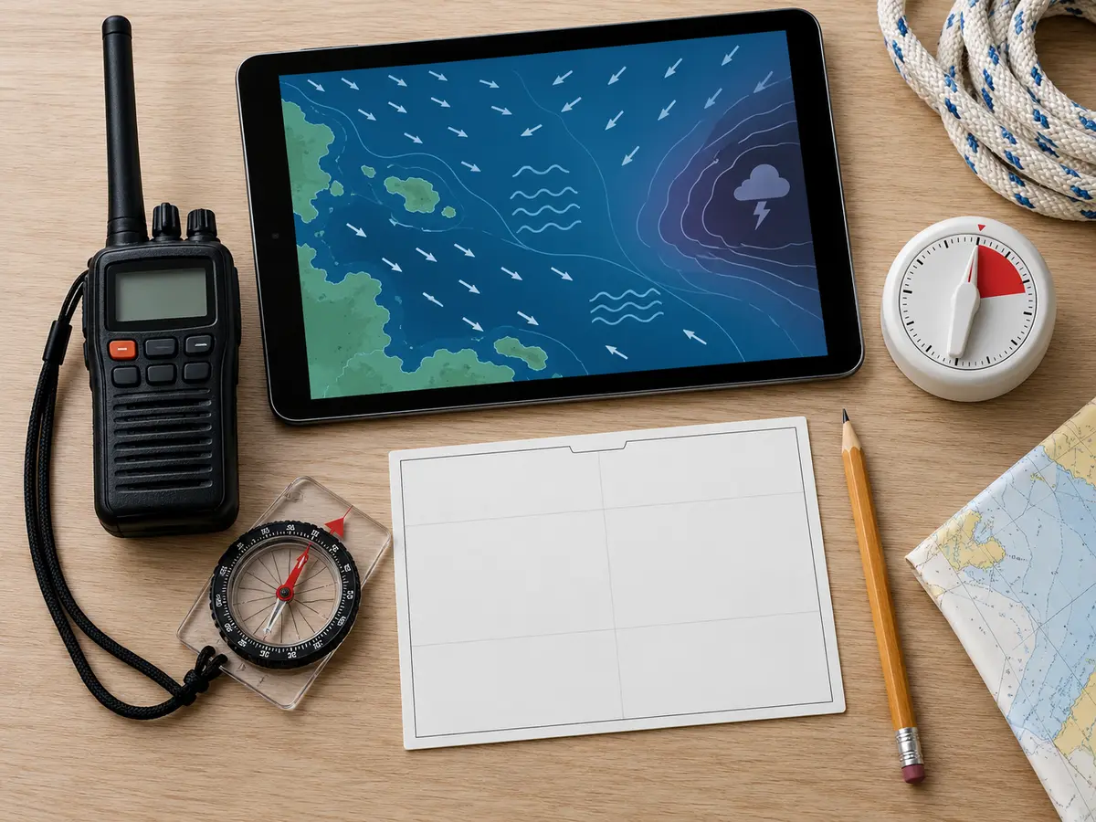 Abstract marine forecast tablet beside a handheld radio, compass, pencil and blank decision card