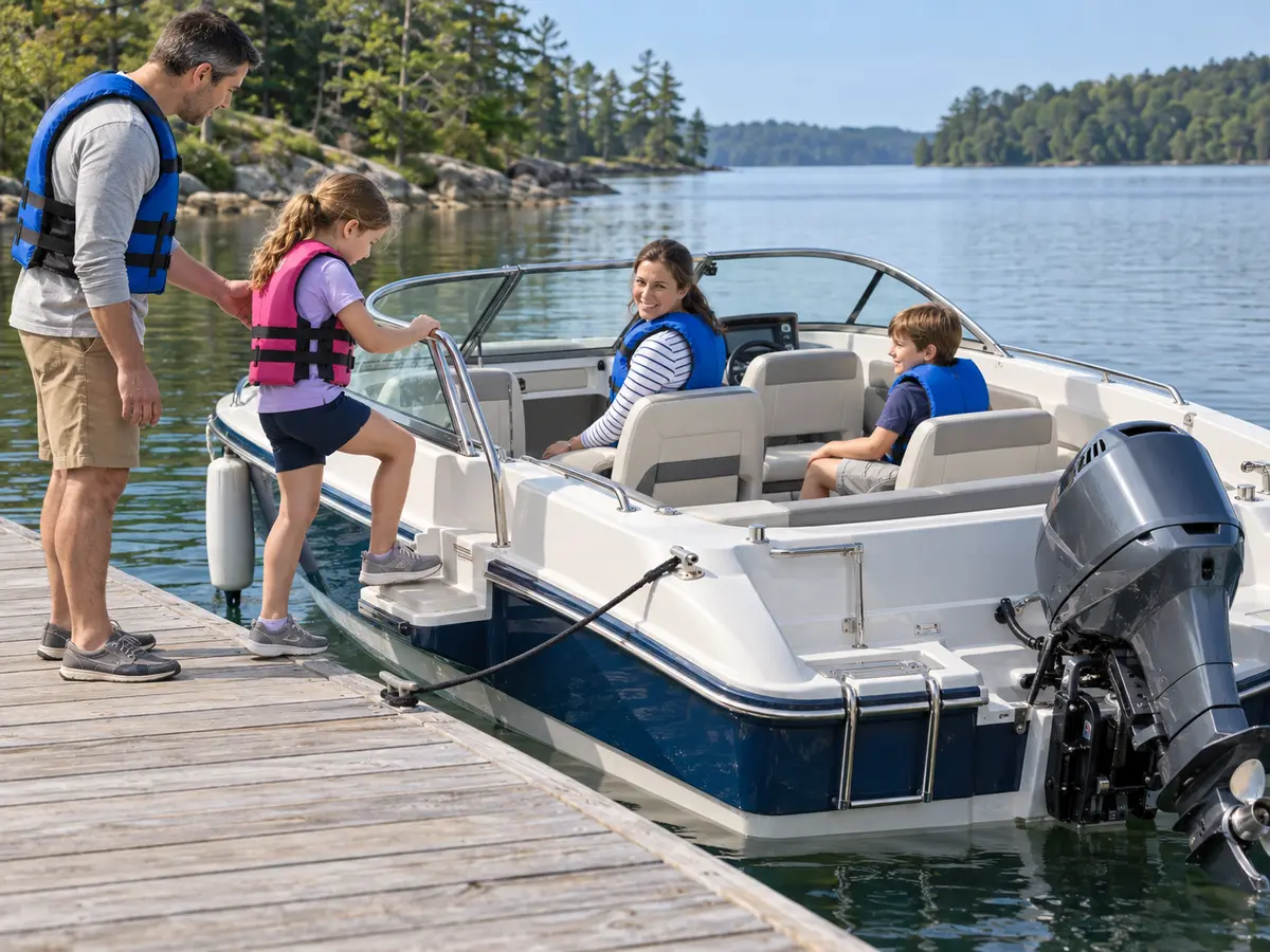 Illustrative adult supervising a child boarding a secured runabout while passengers remain seated