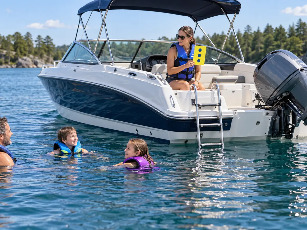 Illustrative supervised family swim beside a stopped boat with life jackets and a deployed ladder
