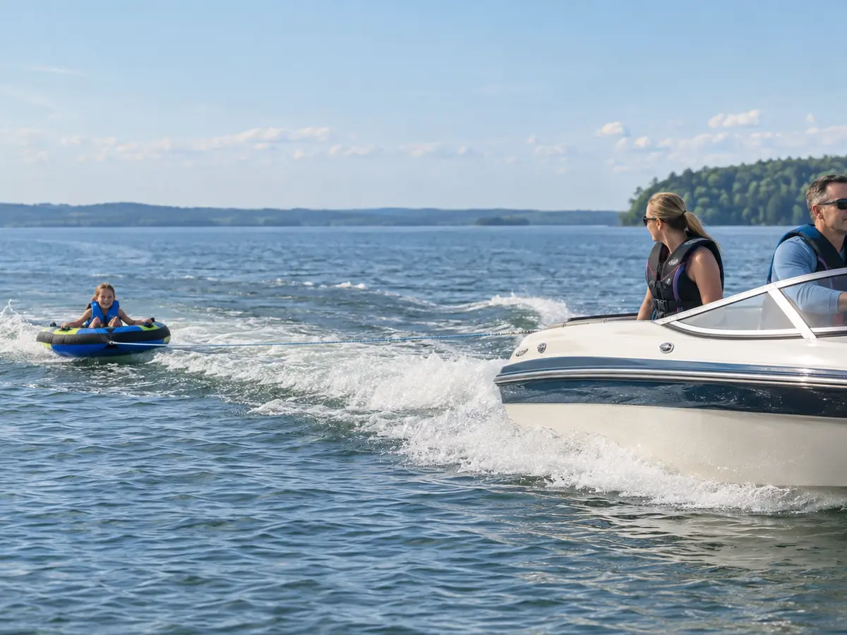 Powerboat operator and dedicated observer towing one life-jacketed child on a tube across open water