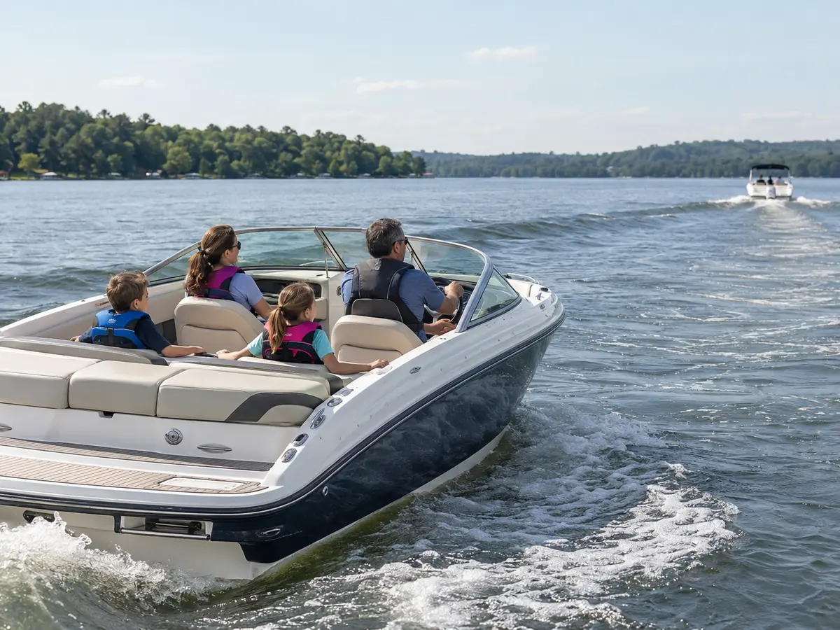 Family wearing fitted life jackets seated in a powerboat approaching a moderate wake