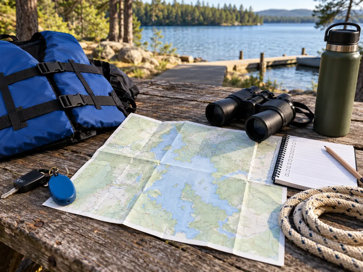 Conceptual Adirondack launch-planning still life with life jacket, binoculars, unlabelled map sheet and bow line