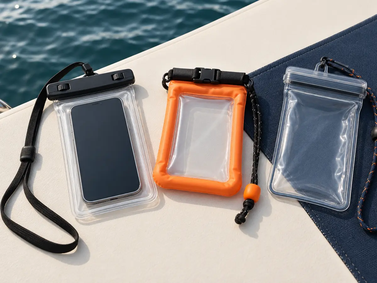Three unbranded waterproof phone-pouch styles on a boat deck