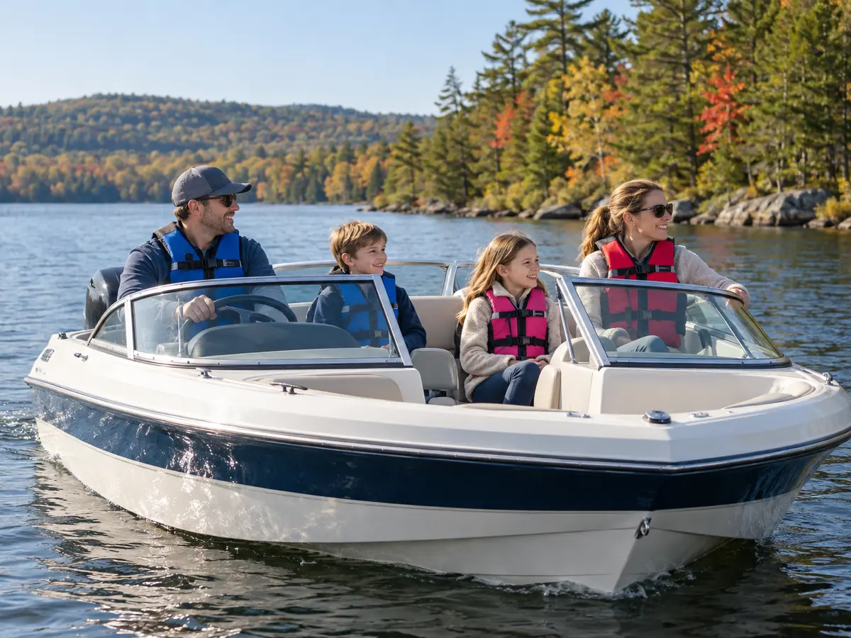 Illustrative life-jacketed family on a generic Adirondack lake