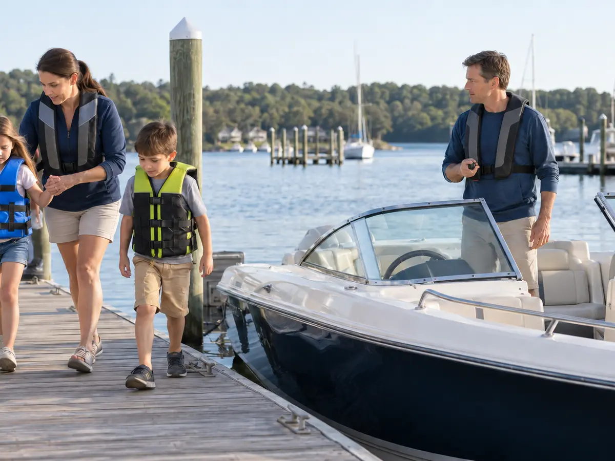 Family moving away from a docked runabout while the operator keeps the engine off