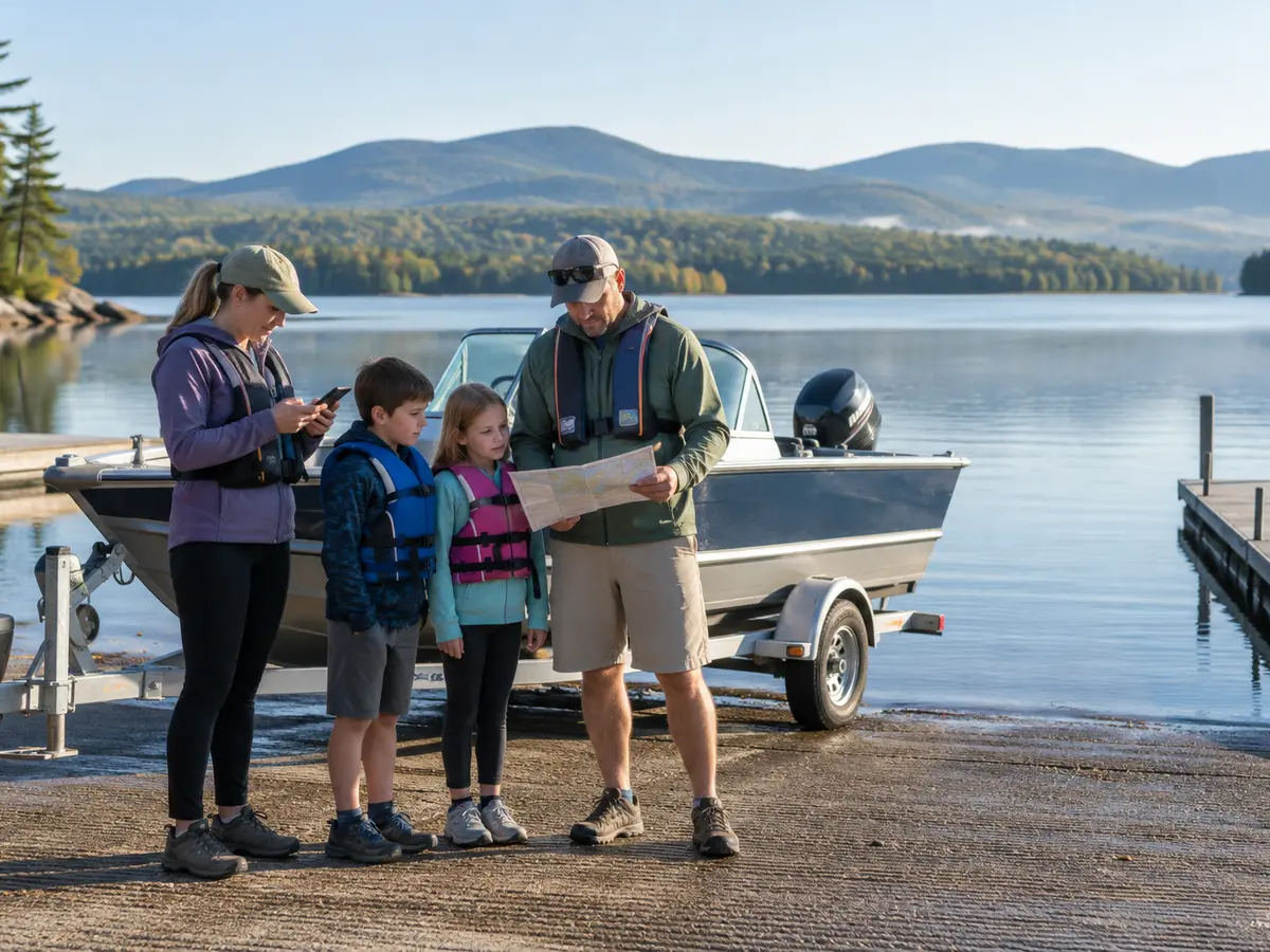 Family in fitted life jackets reviewing a map beside a trailer boat at a generic Adirondack reservoir launch