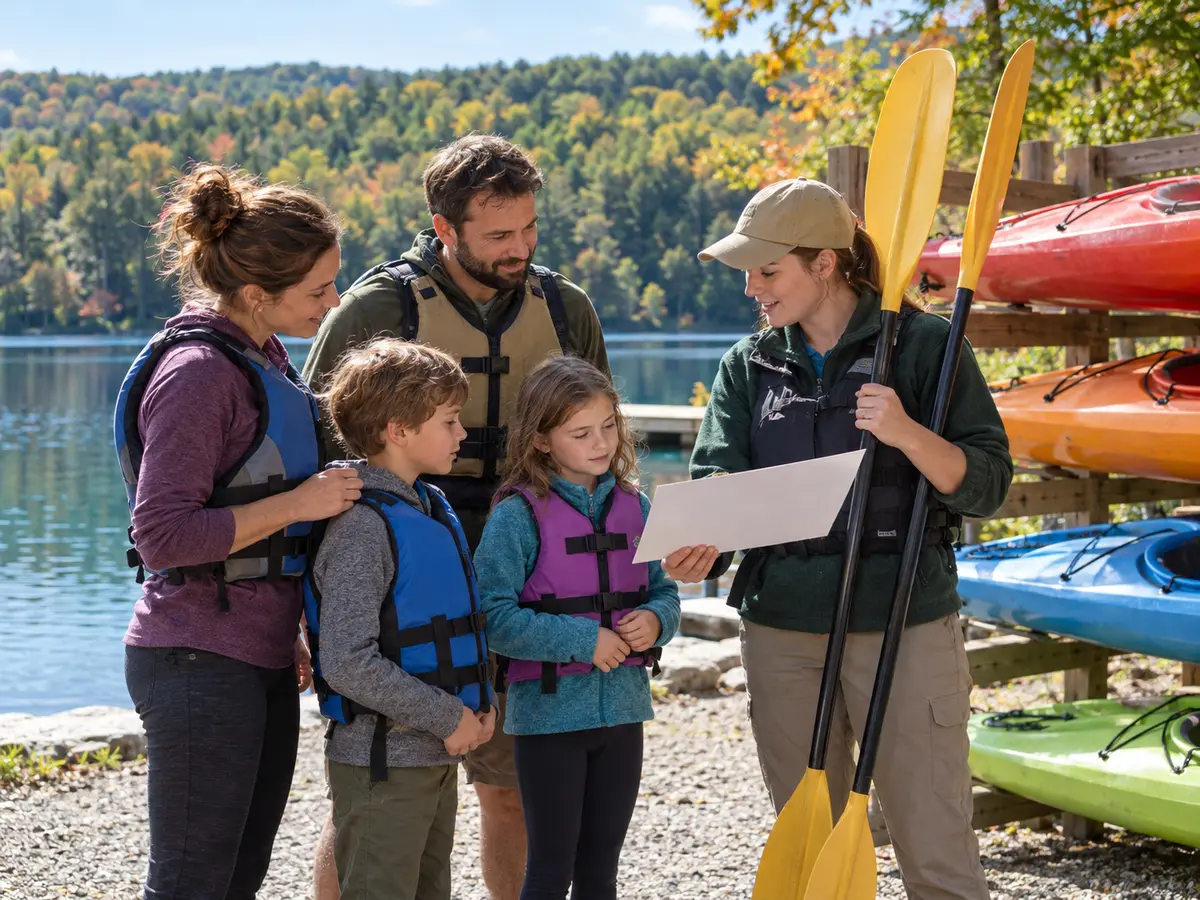Life-jacketed family at a conceptual park rental counter beside kayaks and rowboats