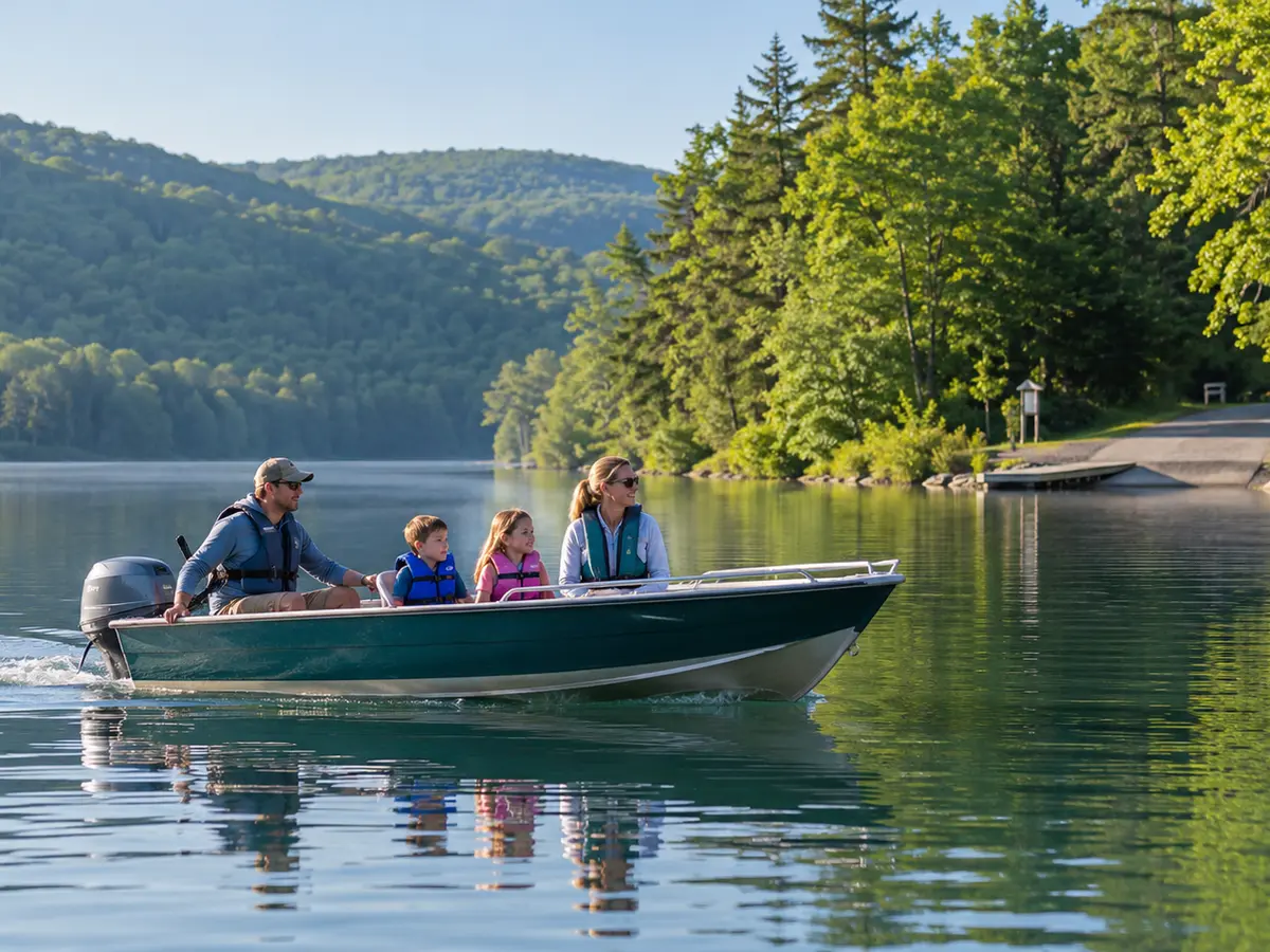 Illustrative life-jacketed family in a small boat on a generic wooded Finger Lake