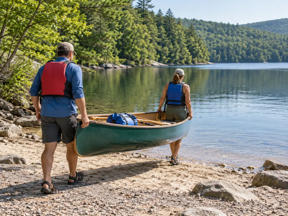Life-jacketed adults carrying a canoe toward a conceptual forested reservoir beach