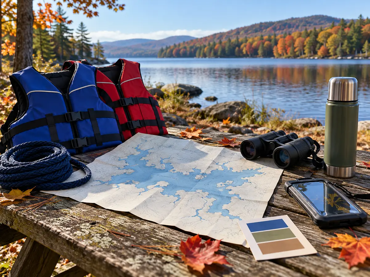 Conceptual Indian Lake planning still life with map, life jackets, line and binoculars