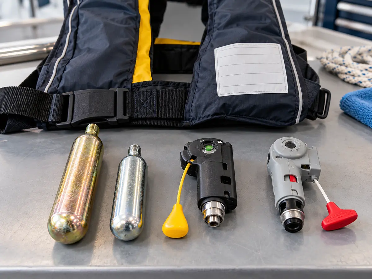 Illustrative inflatable life jacket with separate cylinders and inflator components