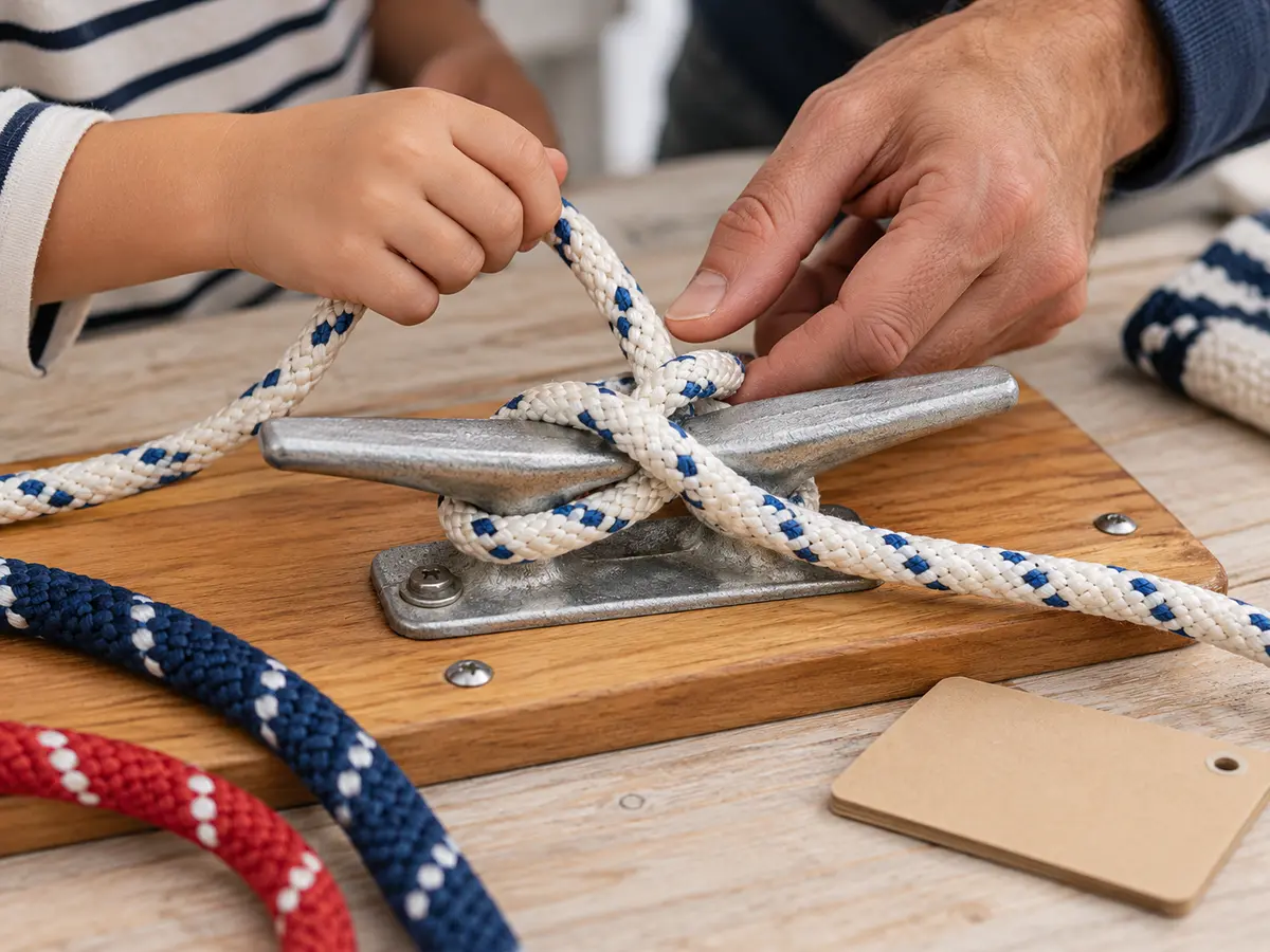Adult and child hands checking thick practice line on a tabletop training cleat