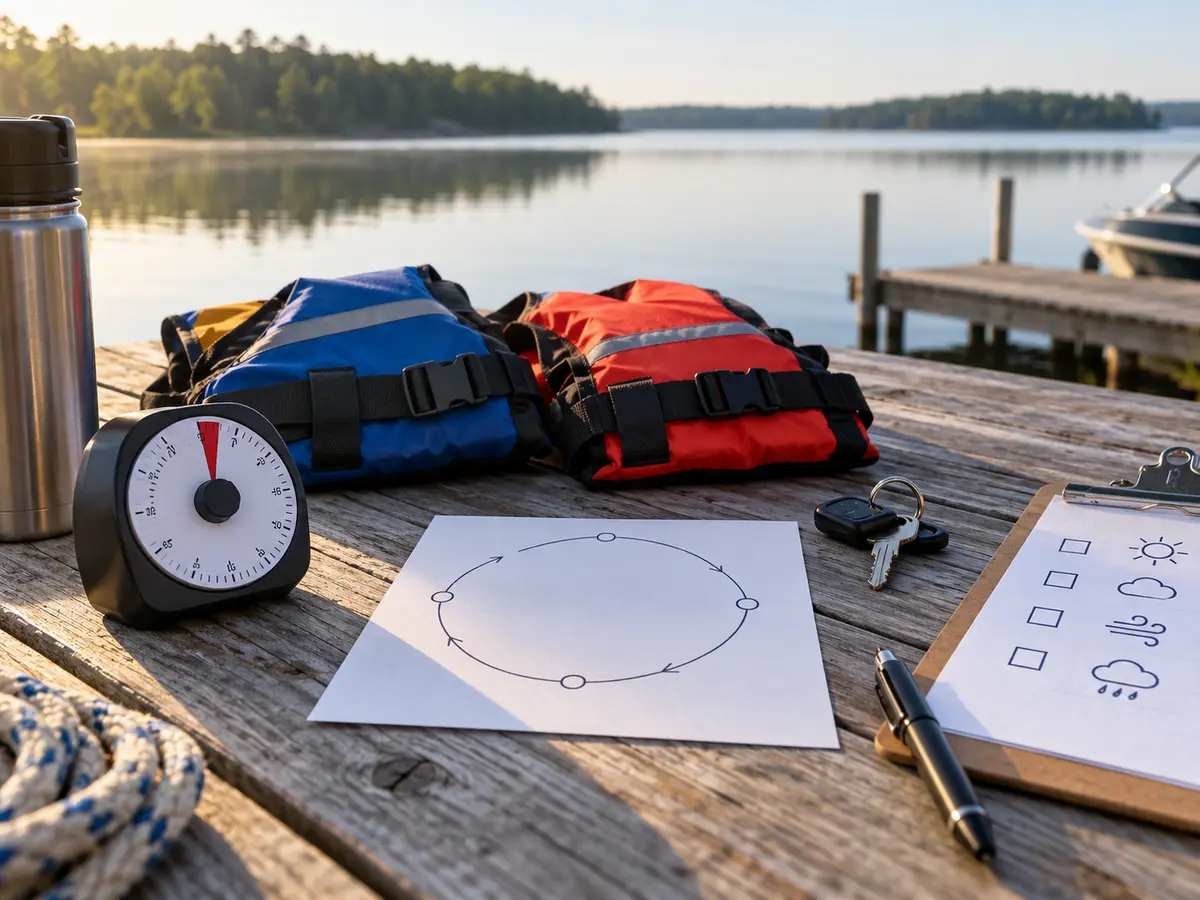 Conceptual inland-lake planning table with a symbolic close-in loop and weather icons; not a real map