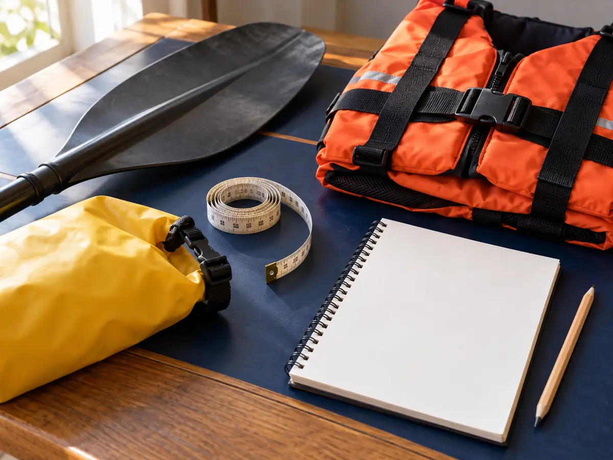 Conceptual small-boat planning kit with paddle, life jacket, dry bag and blank checklist; not a Lake Colby photograph