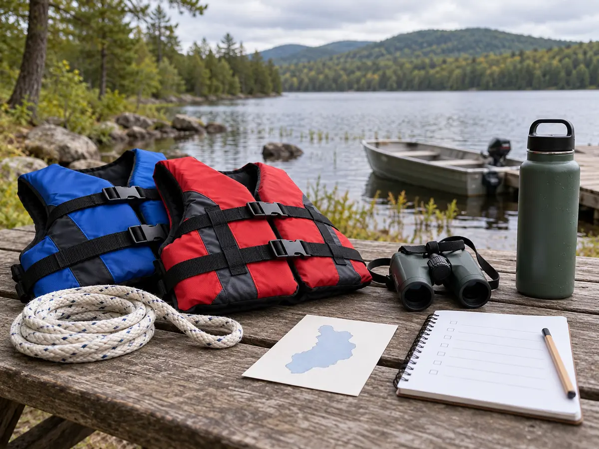 Conceptual small aluminum boat, life jackets and blank planning card beside generic Adirondack water