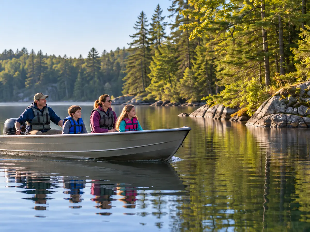 Illustrative life-jacketed family in a small aluminum outboard on a generic wooded Adirondack lake