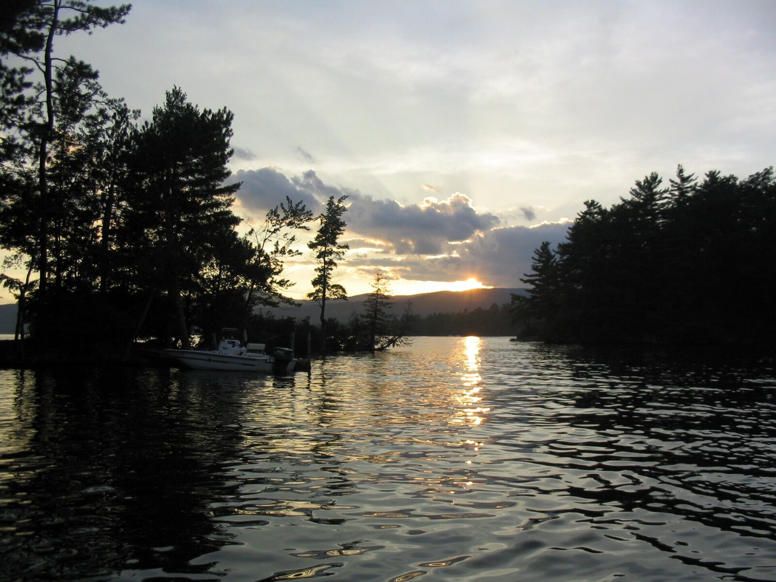 Lake George islands and Adirondack water at sunset