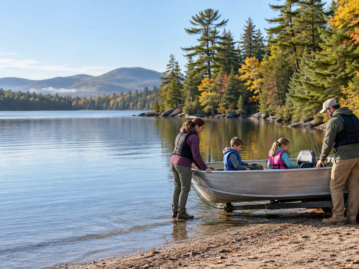 Conceptual family beside a small aluminum boat on an Adirondack lake shore