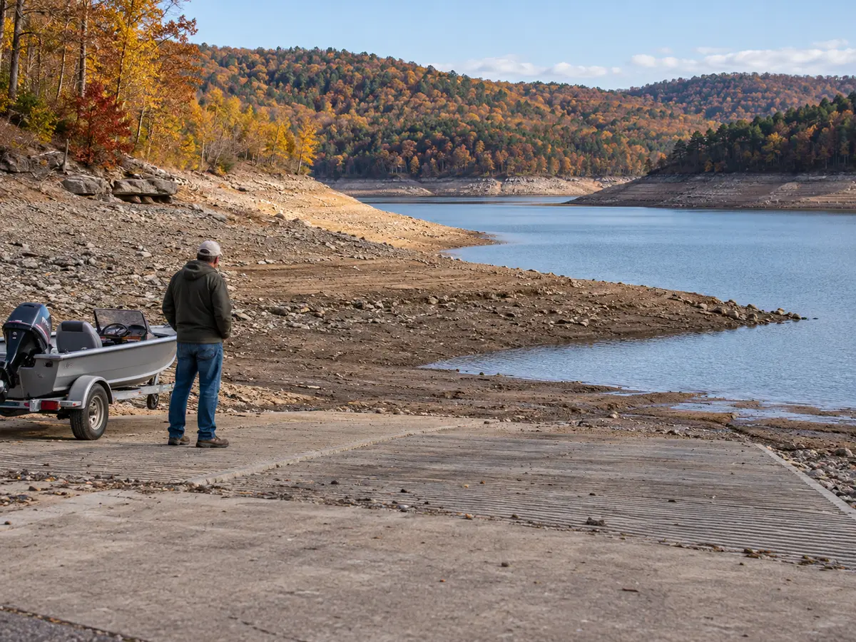Conceptual unnamed low-water reservoir ramp with a small trailered boat inspected from dry land