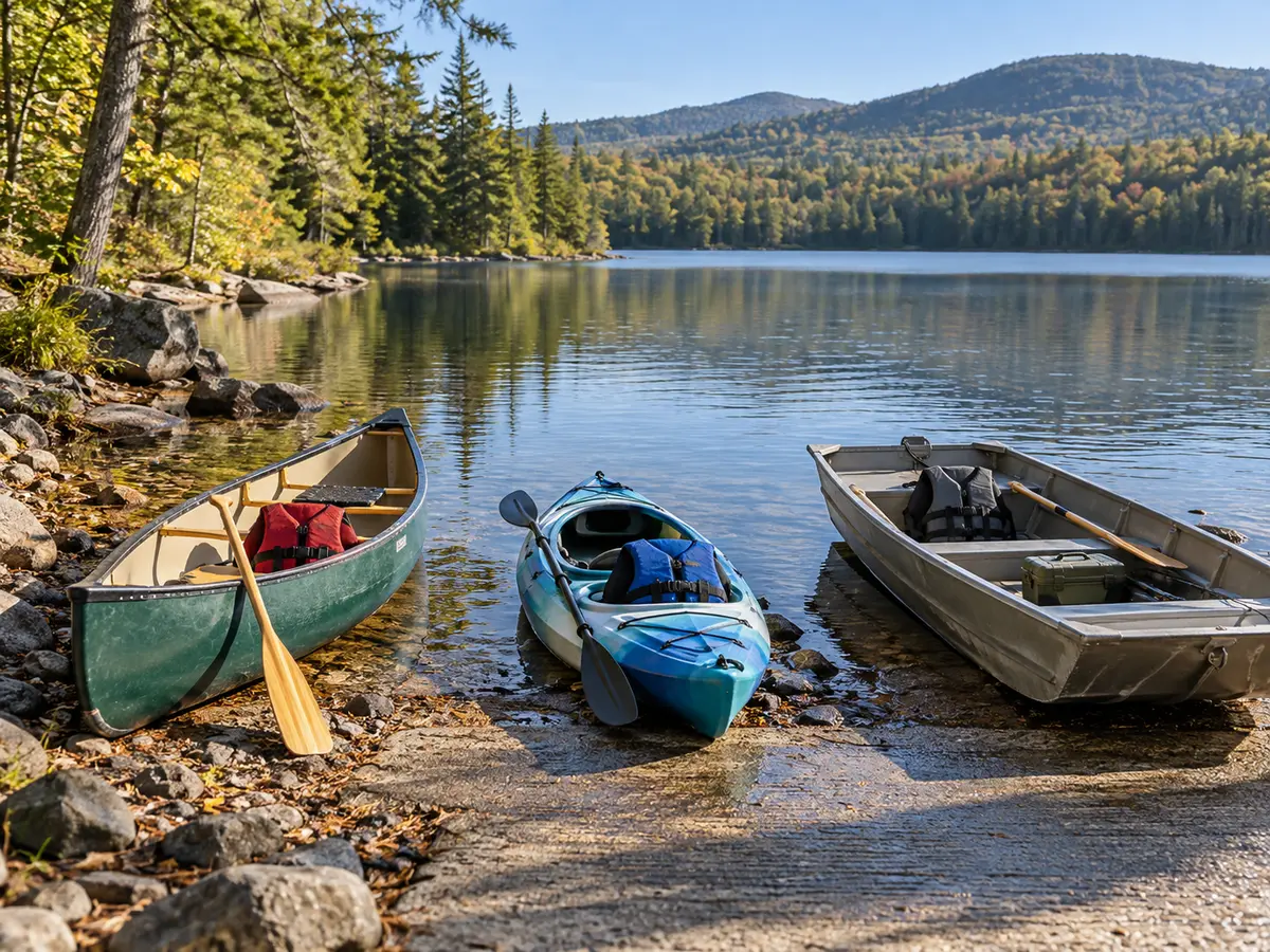 Conceptual canoe, kayak and small aluminum boat at a generic shallow Adirondack forest-lake ramp