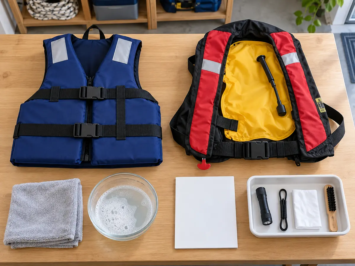 Unbranded foam and inflatable life jackets separated for a dry indoor winter inspection